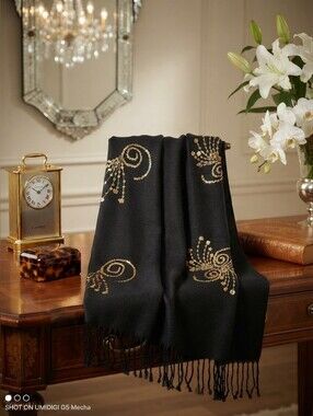 5/$100 Black Embellished Pashmina Shawl With Fringe & Gold Swirl Accents ✨